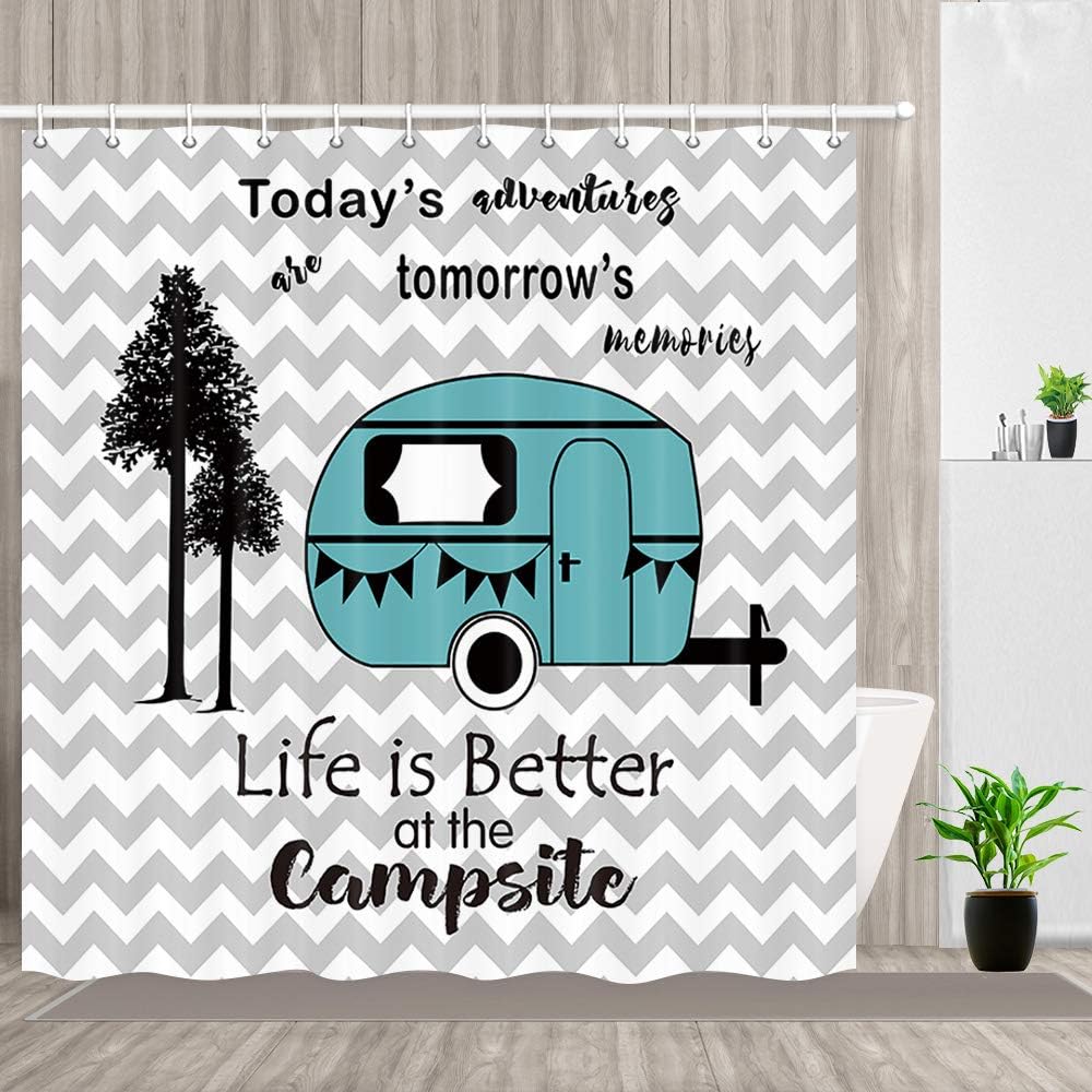 Trailer Travel Shower Curtain, Tree Stripes Bathroom Decor