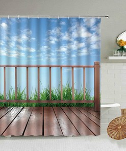 Tranquil Blue Sky Waterfall View Bathroom Shower Curtain