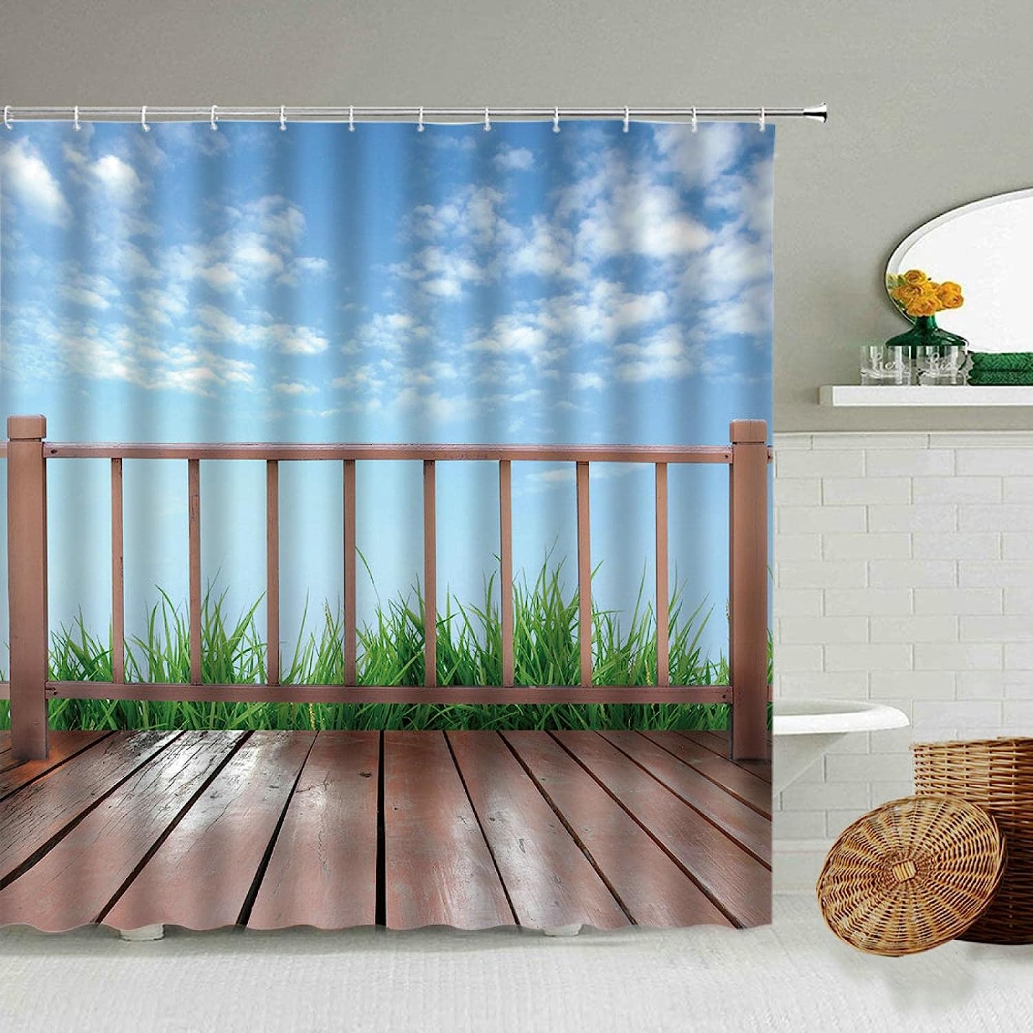 Tranquil Blue Sky Waterfall View Bathroom Shower Curtain