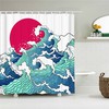 Tranquil Blue Waves And Red Moon Japanese Themed Shower Curtain For Beach House Decor