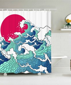 Tranquil Blue Waves And Red Moon Japanese Themed Shower Curtain For Beach House Decor