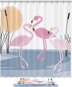Tranquil Flamingo Lake Reed Scene Shower Curtain For A Relaxing Bathroom
