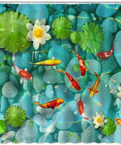 Tranquil Japanese Landscape Decors with Koi Fish Shower Curtain, Oriental Bathroom Theme