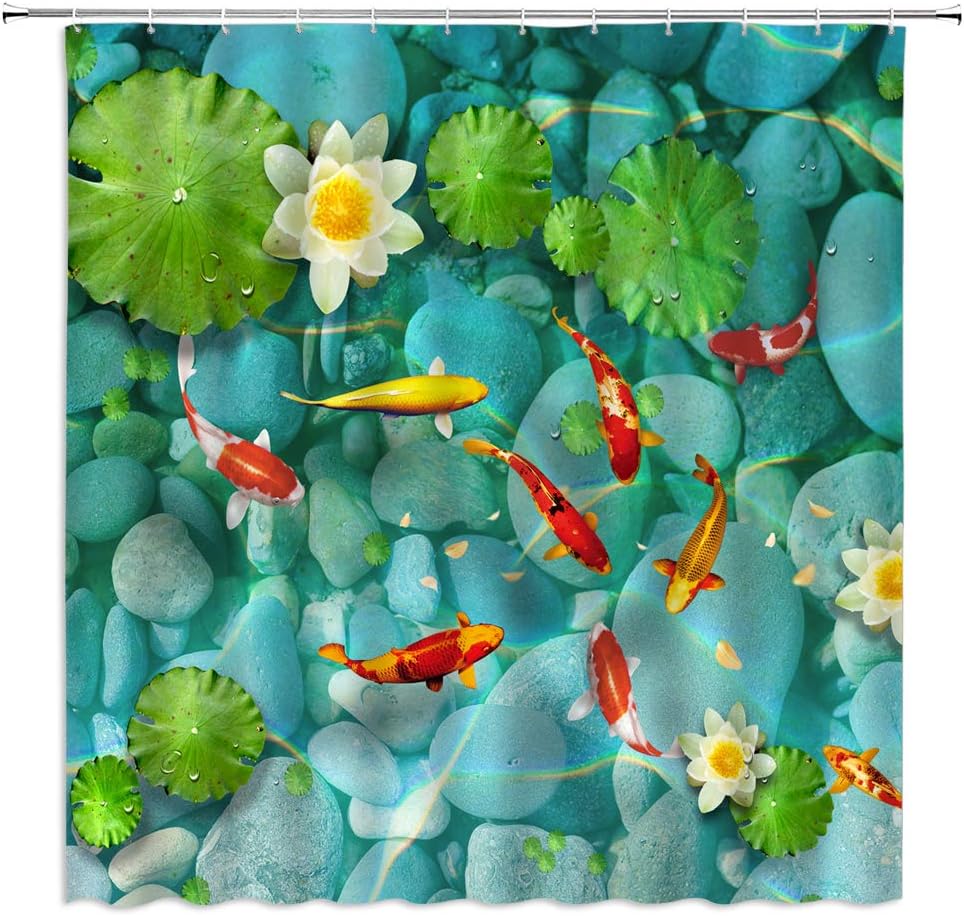 Tranquil Japanese Landscape Decors with Koi Fish Shower Curtain, Oriental Bathroom Theme
