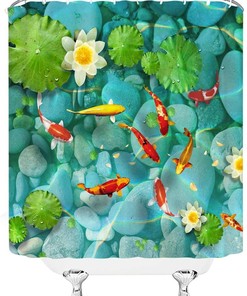 Tranquil Japanese Landscape Decors with Koi Fish Shower Curtain, Oriental Bathroom Theme