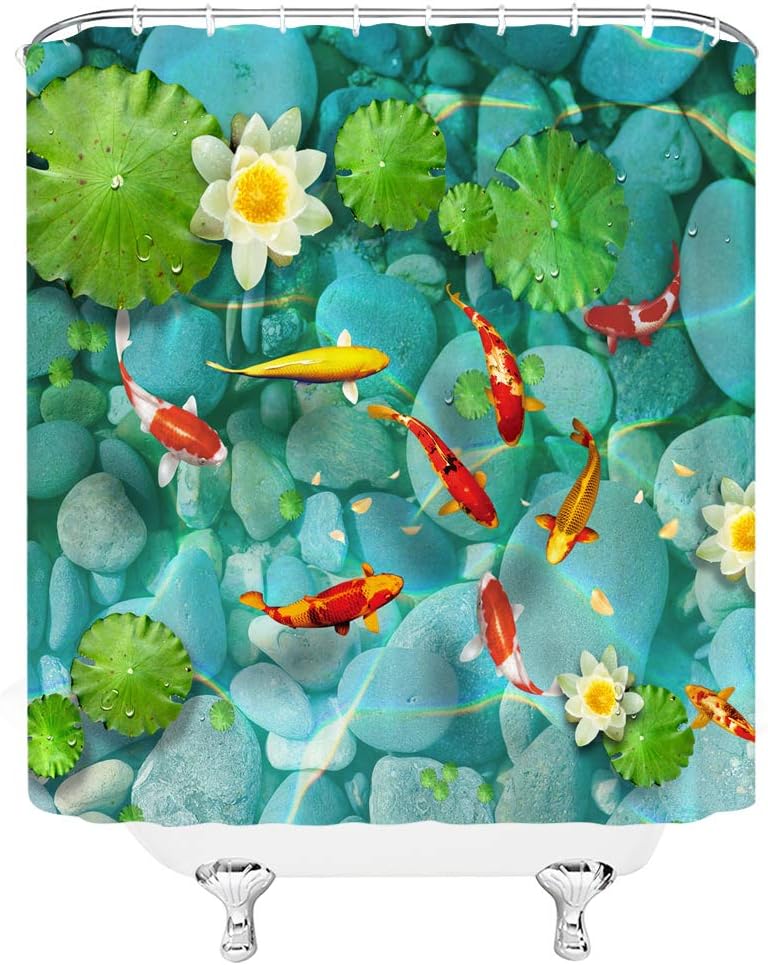 Tranquil Japanese Landscape Decors with Koi Fish Shower Curtain, Oriental Bathroom Theme