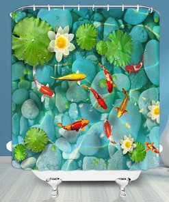 Tranquil Japanese Landscape Decors with Koi Fish Shower Curtain, Oriental Bathroom Theme