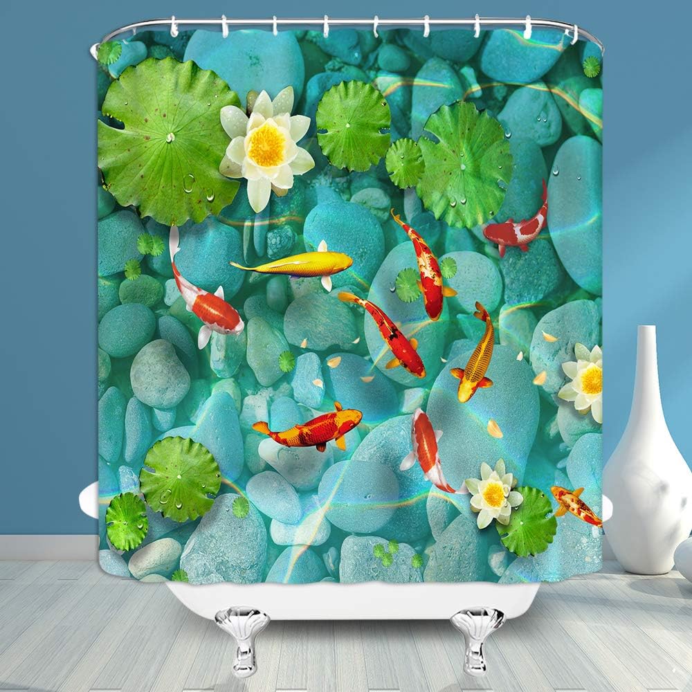 Tranquil Japanese Landscape Decors with Koi Fish Shower Curtain, Oriental Bathroom Theme