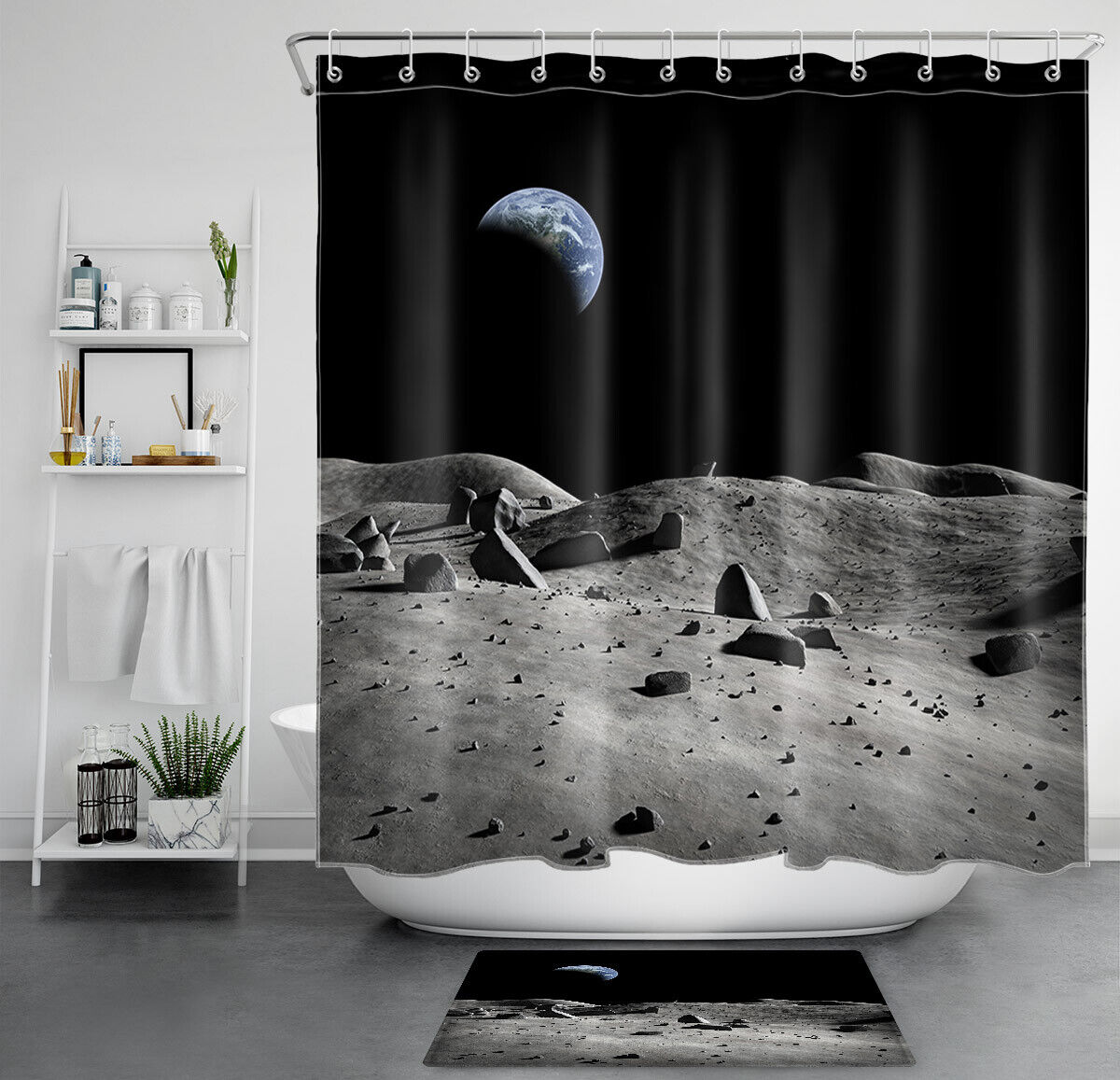 Tranquil Moon Surface Vision Earth in Space Universe Shower Curtain