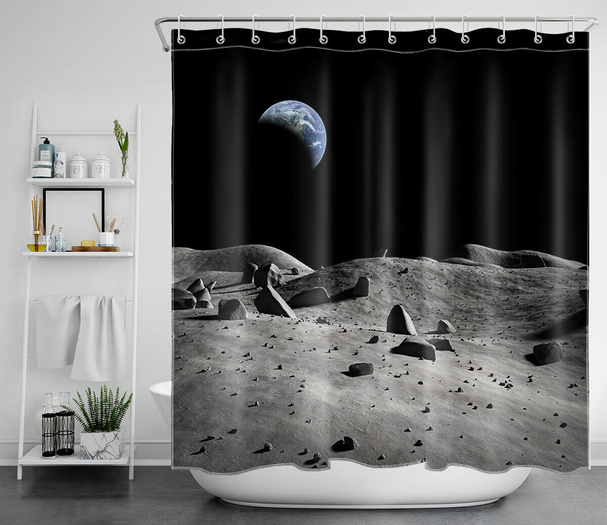 Tranquil Moon Surface Vision Earth in Space Universe Shower Curtain