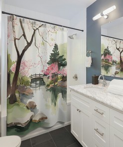Tranquil Sakura Haven - Japanese Garden Shower Curtain - Waterproof Bathroom Decor with Cherry Blossom and Garden Theme