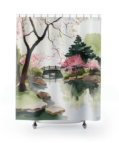 Tranquil Sakura Haven - Japanese Garden Shower Curtain - Waterproof Bathroom Decor with Cherry Blossom and Garden Theme