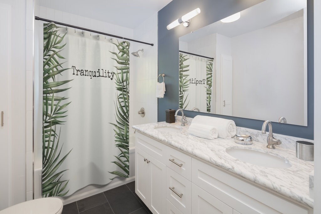 Tranquility Shower Curtain - Minimalist Mindfulness Tropical Decor - Waterproof Bathroom Decor with Calming Theme