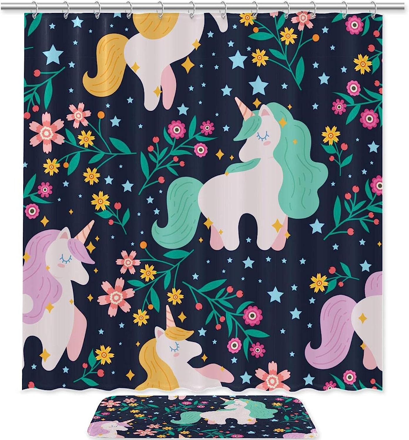 Transform Your Bathroom With Flat Unicorn Pattern Shower Curtain - Waterproof Decors Included