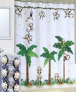 Transform Your Bathroom with Jungle Floral White Monkey Shower Curtain and Hooks Bath Set 