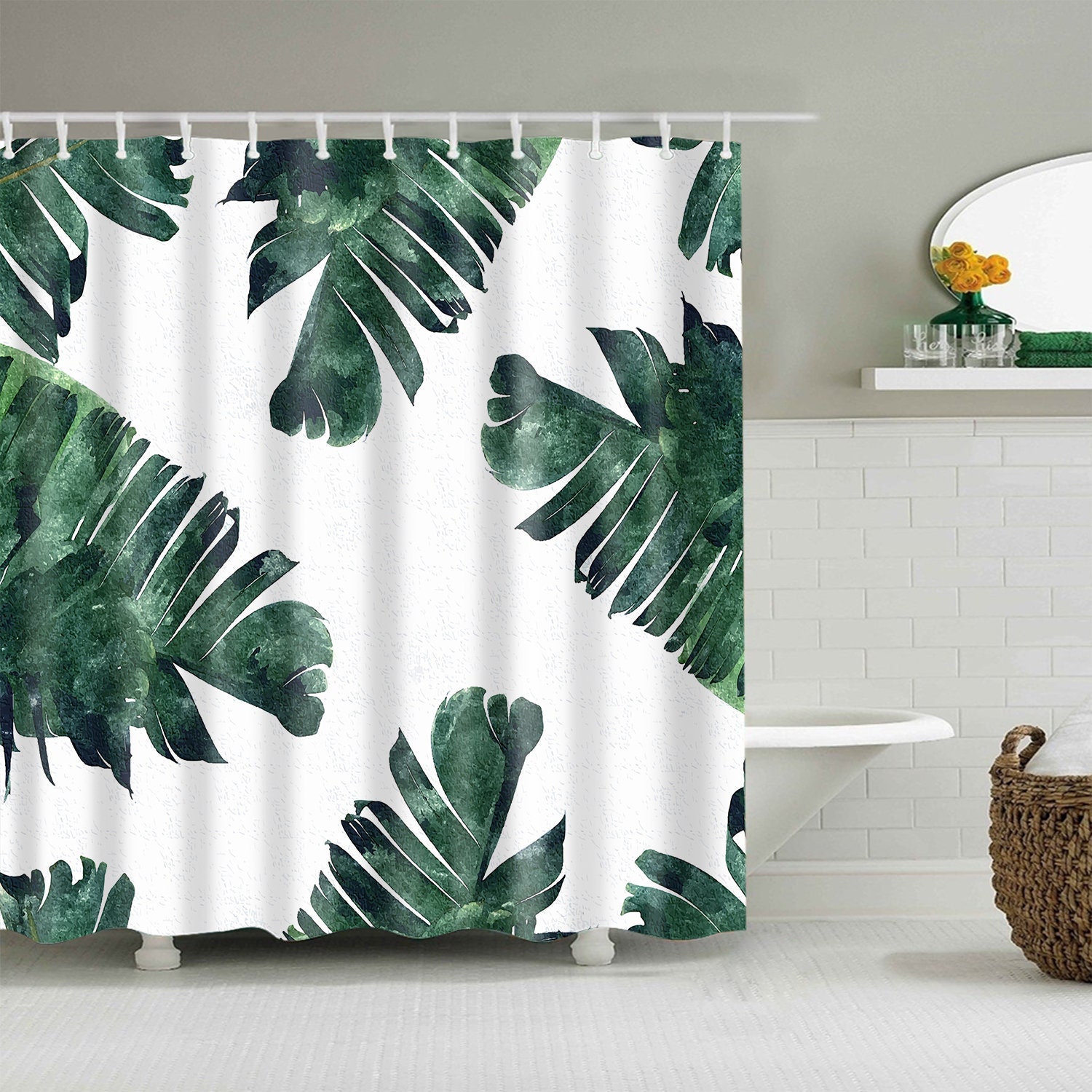 Transform Your Bathroom with This Green Leaves and Palm Cactus Shower Curtain