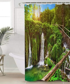 Transparent Forest Waterfall Shower Curtain - Retro Wooden Bridge Bathroom Decor