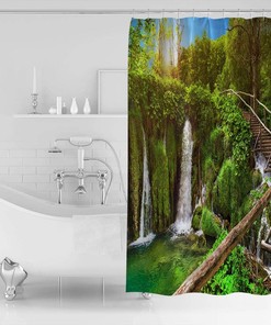 Transparent Forest Waterfall Shower Curtain - Retro Wooden Bridge Bathroom Decor