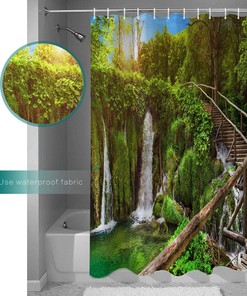 Transparent Forest Waterfall Shower Curtain - Retro Wooden Bridge Bathroom Decor