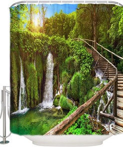 Transparent Forest Waterfall Shower Curtain - Retro Wooden Bridge Bathroom Decor