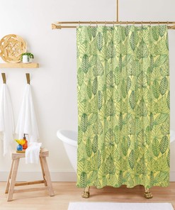Transparent Green Botanical Leaves Shower Curtain With Tropical Pattern For Breezy Bathroom Decor