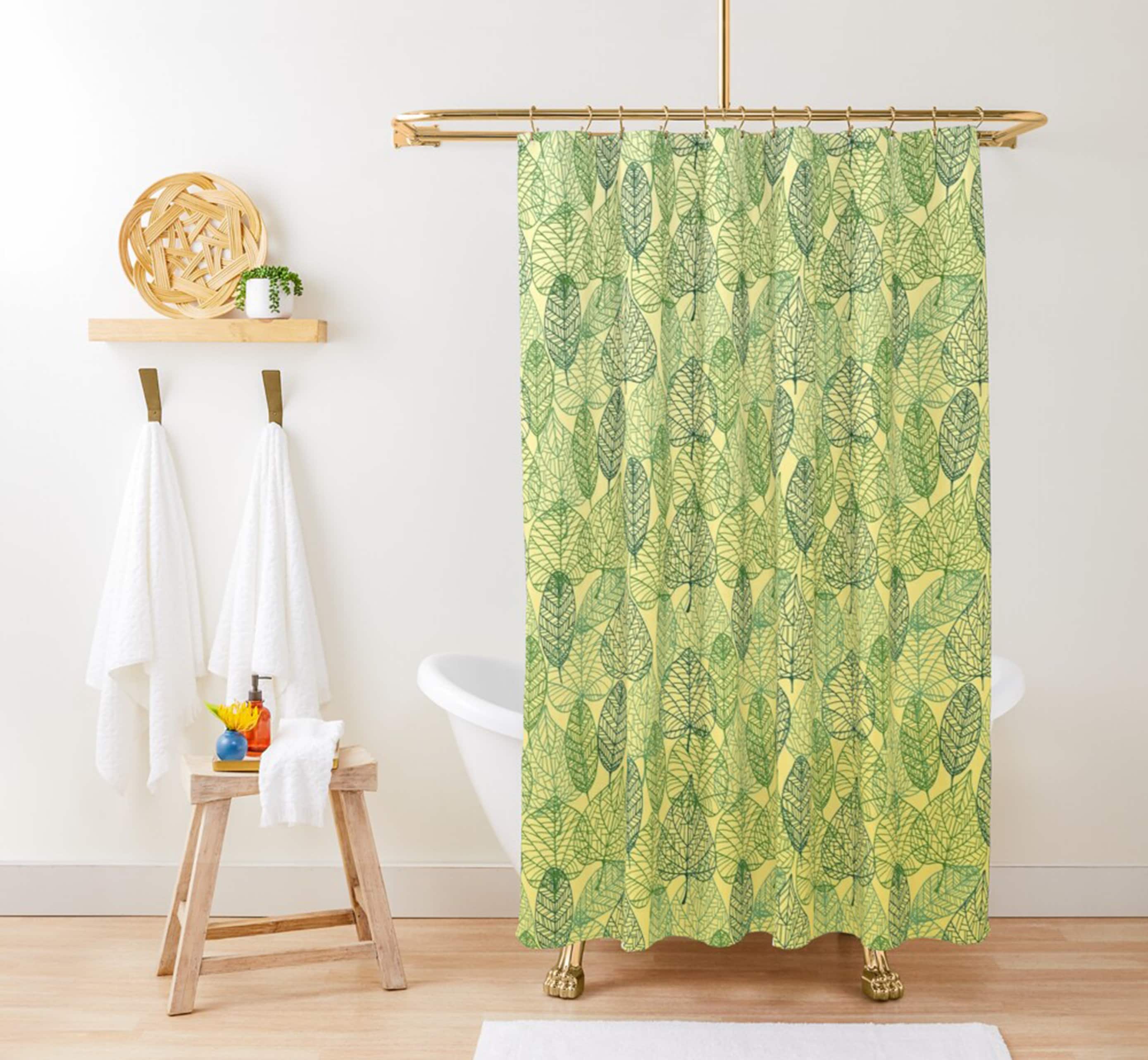 Transparent Green Botanical Leaves Shower Curtain With Tropical Pattern For Breezy Bathroom Decor