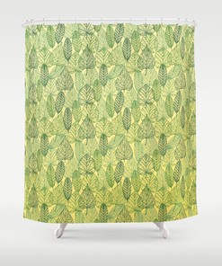 Transparent Green Botanical Leaves Shower Curtain With Tropical Pattern For Breezy Bathroom Decor