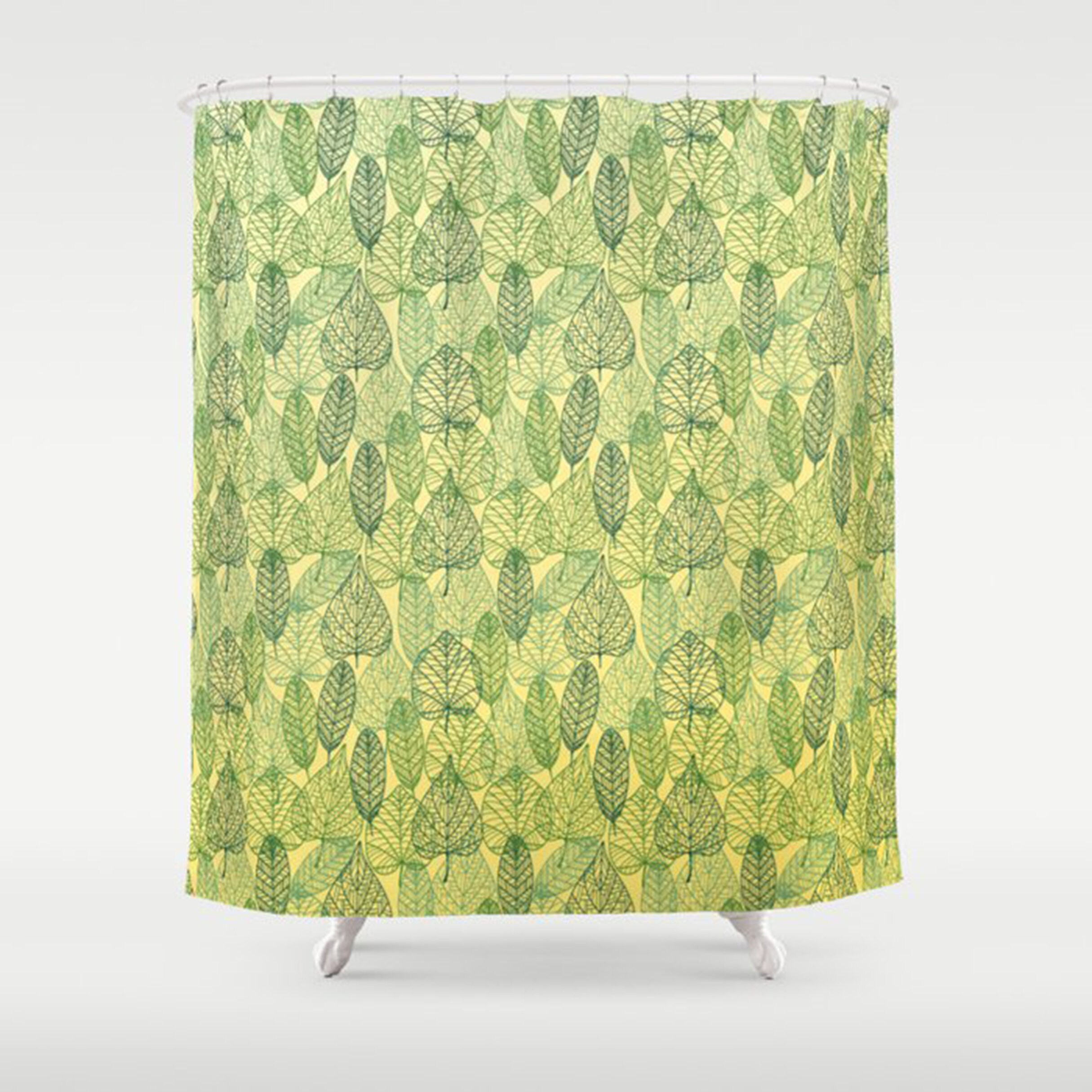Transparent Green Botanical Leaves Shower Curtain With Tropical Pattern For Breezy Bathroom Decor