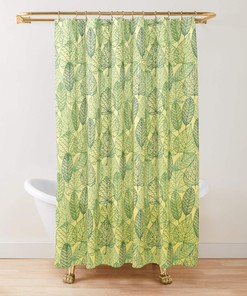 Transparent Green Botanical Leaves Shower Curtain With Tropical Pattern For Breezy Bathroom Decor