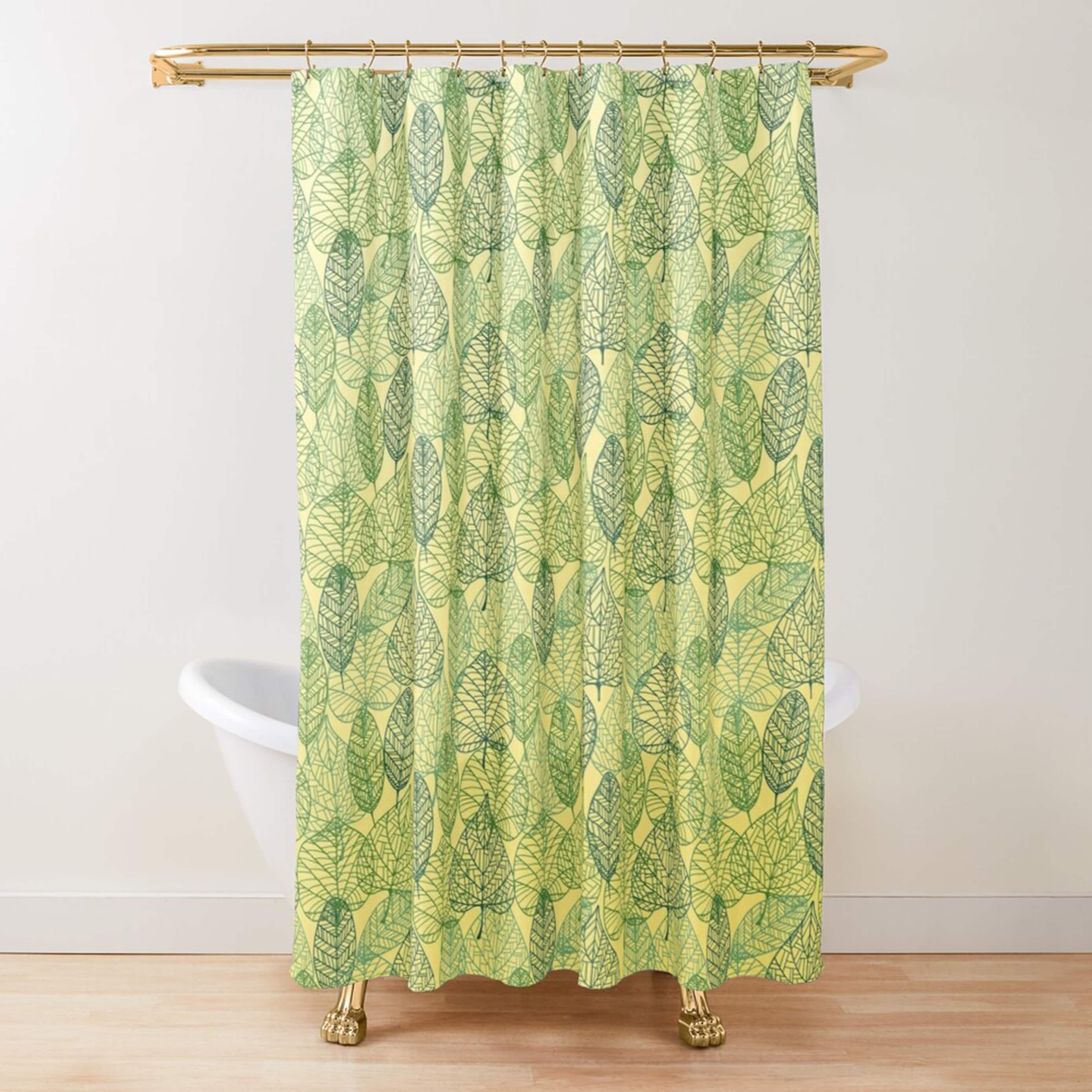Transparent Green Botanical Leaves Shower Curtain With Tropical Pattern For Breezy Bathroom Decor