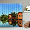 Travel Back In Time With This Scenic Landscape Shower Curtain Featuring A Wooden House And Waterfall
