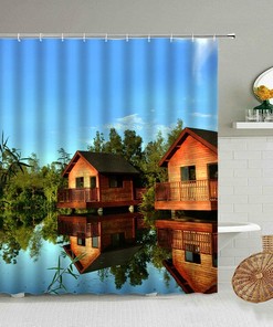 Travel Back In Time With This Scenic Landscape Shower Curtain Featuring A Wooden House And Waterfall