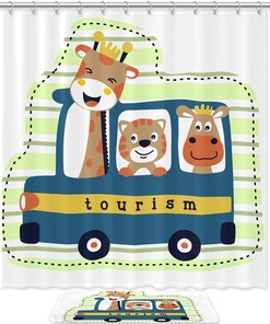 Travel Bug Cartoon Bear And Deer Shower Curtain And Mat For Adventurers