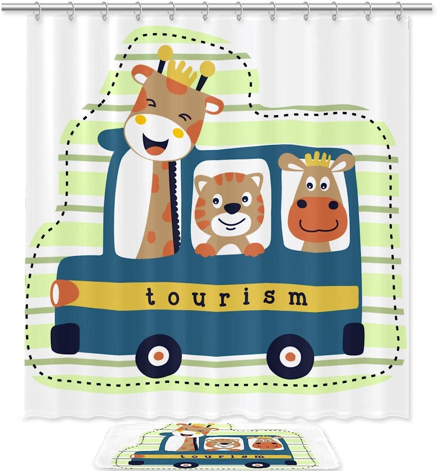 Travel Bug Cartoon Bear And Deer Shower Curtain And Mat For Adventurers