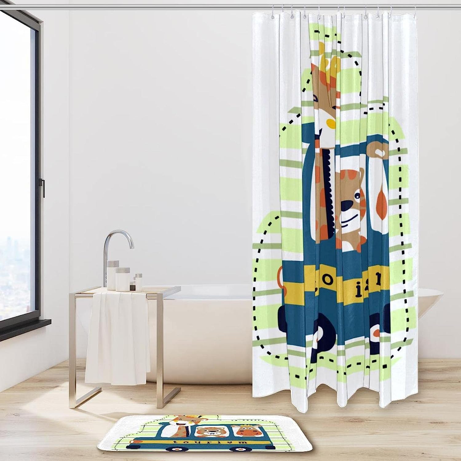 Travel Bug Cartoon Bear And Deer Shower Curtain And Mat For Adventurers - Image 2