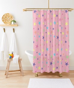 Travel Shower Curtain - Rainbow Stars Print Pink Blue Green Purple Yellow Set Bundle