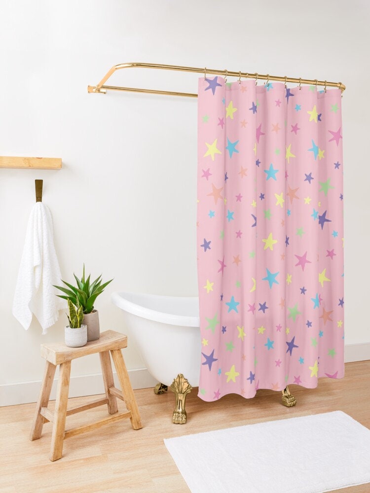 Travel Shower Curtain - Rainbow Stars Print Pink Blue Green Purple Yellow Set Bundle