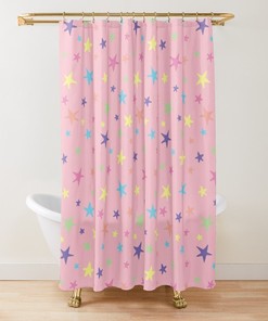 Travel Shower Curtain - Rainbow Stars Print Pink Blue Green Purple Yellow Set Bundle