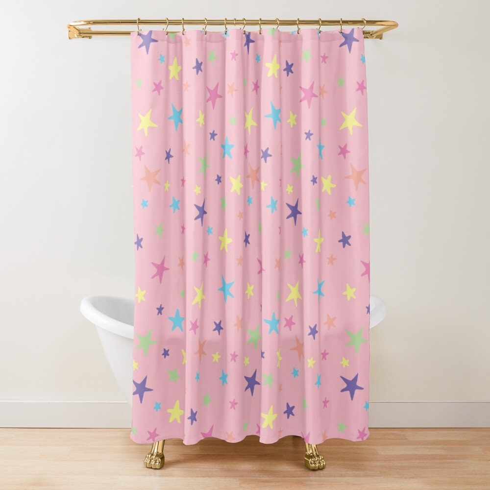 Travel Shower Curtain - Rainbow Stars Print Pink Blue Green Purple Yellow Set Bundle