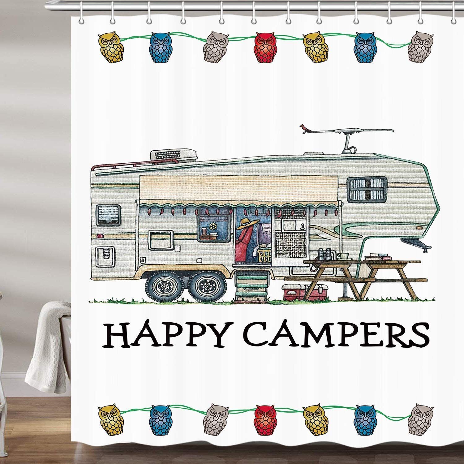 Travel Trailer and Rustic Rusty Wood Tree Happy Camper Stall Shower Curtain