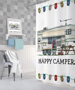 Travel Trailer and Rustic Rusty Wood Tree Happy Camper Stall Shower Curtain