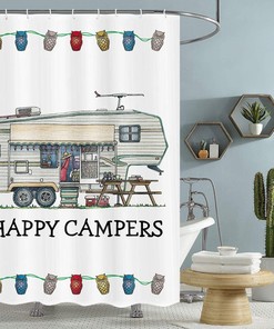 Travel Trailer and Rustic Rusty Wood Tree Happy Camper Stall Shower Curtain