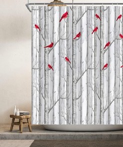 Tree Bird Shower Curtain Abstract Birch Tree Forest - Waterproof Bathroom Decor with Nature and Bird Theme