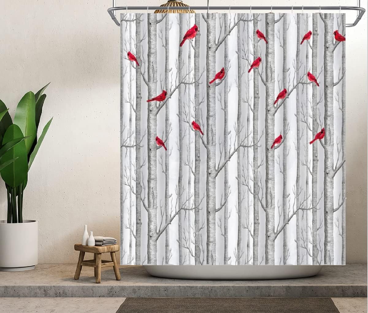 Tree Bird Shower Curtain Abstract Birch Tree Forest - Waterproof Bathroom Decor with Nature and Bird Theme