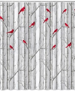 Tree Bird Shower Curtain Abstract Birch Tree Forest - Waterproof Bathroom Decor with Nature and Bird Theme