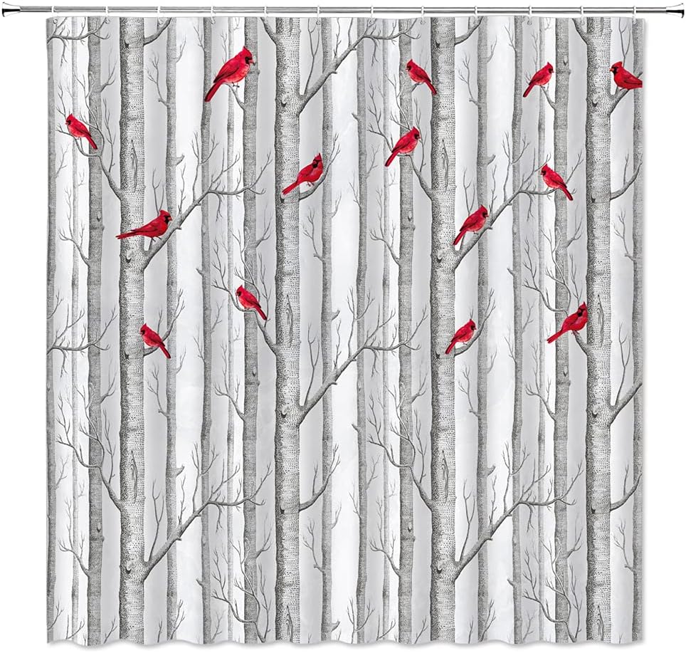 Tree Bird Shower Curtain Abstract Birch Tree Forest - Waterproof Bathroom Decor with Nature and Bird Theme