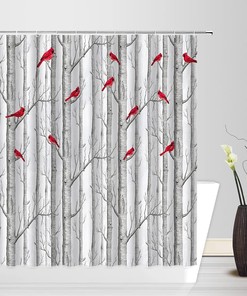 Tree Bird Shower Curtain Abstract Birch Tree Forest - Waterproof Bathroom Decor with Nature and Bird Theme