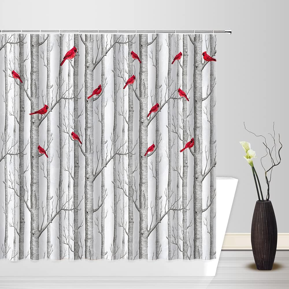 Tree Bird Shower Curtain Abstract Birch Tree Forest - Waterproof Bathroom Decor with Nature and Bird Theme