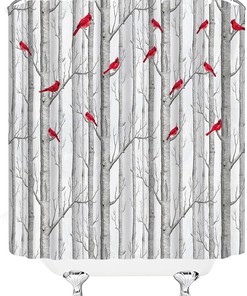 Tree Bird Shower Curtain Abstract Birch Tree Forest - Waterproof Bathroom Decor with Nature and Bird Theme