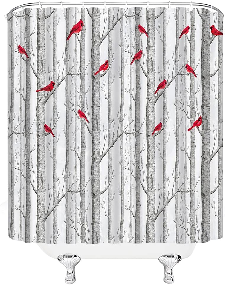 Tree Bird Shower Curtain Abstract Birch Tree Forest - Waterproof Bathroom Decor with Nature and Bird Theme